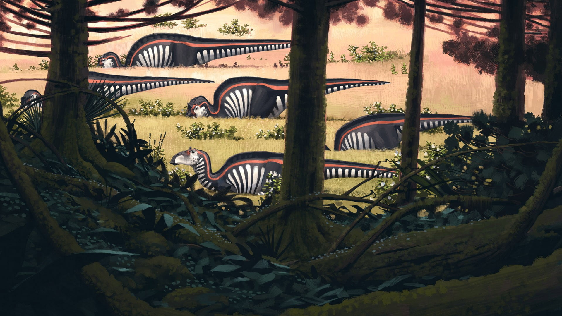 fivef white and black dinosaurs beside forest illustration, Simon Stålenhag, dinosaurs