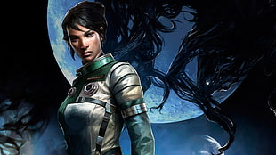 female character in white and green suit digital wallpaper, Prey (2017), video games, space, Bethesda Softworks