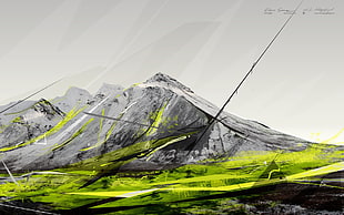 green grass field near gray mountain painting, Desktopography, hills, landscape, nature