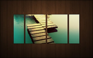 4-panel wooden dock illustration, collage, water, pattern, texture
