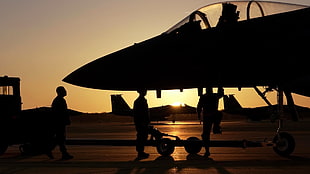 silhouette of three man standing near plane, military aircraft, airplane, jets, sky
