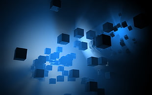 white and blue cube digital wallpaper, cube, render, blue, digital art