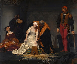 group of people standing and sitting painting, painting, Paul Delaroche, Le supplice de Jane Grey