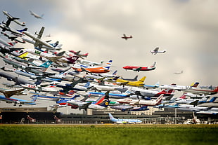 time lapse photo of flying airplanes HD wallpaper