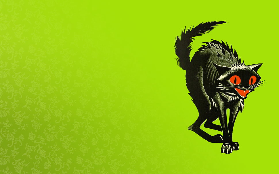 black cat illustration, cat, black cats, green, pattern HD wallpaper