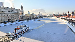 white ship, river, ice, snow, boat