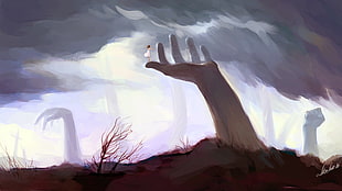 person standing on human palm painting, fantasy art