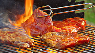 grilled raw meat, food, barbecue, fire