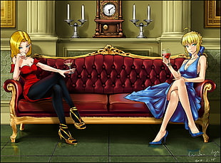two female anime character sitting on sofa