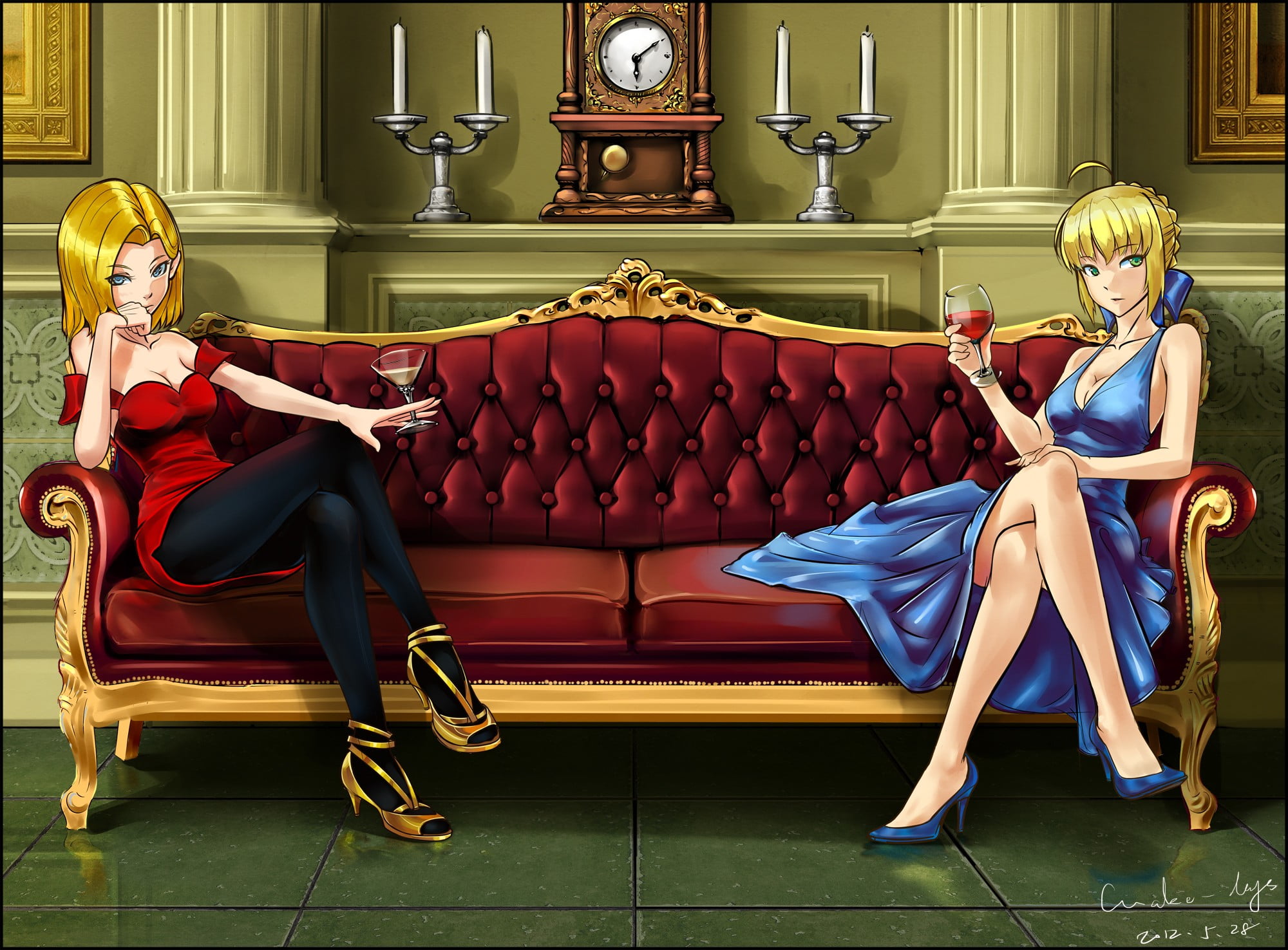 Two female anime character sitting on sofa HD wallpaper ...