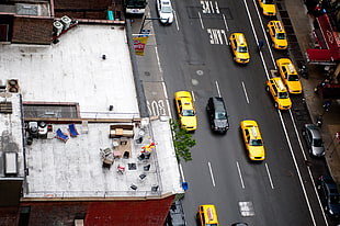 yellow-and-black vehicles, street, New York City, Ronald McDonald, taxi