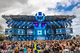 blue and black stage, Ultra Music Festival, Rukes, DJs, crowds