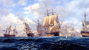 galleon on body water painting, ocean battle, sailing ship, sea, artwork