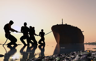 silhouette of person pulling the ship photo, men, wreck, ship, digital art
