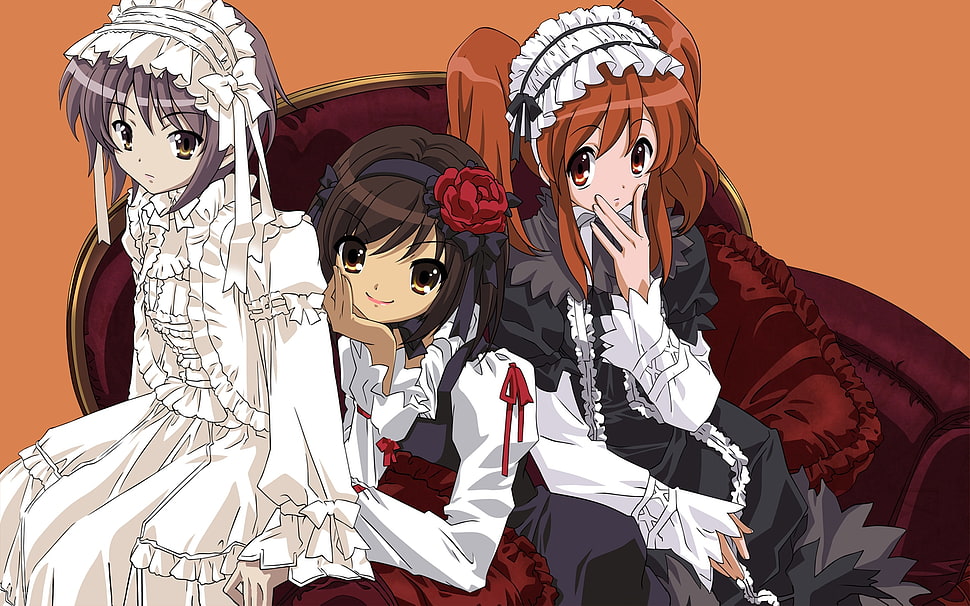three female anime characters wallpaper HD wallpaper