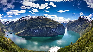 green mountain with lake, landscape, nature, fjord, Norway