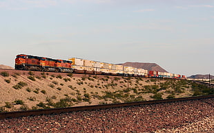 orange train, train, freight train, diesel locomotive HD wallpaper