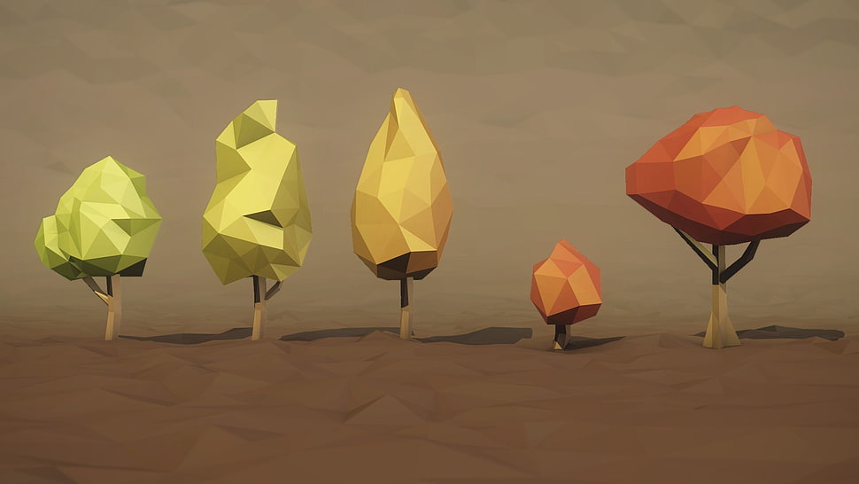 three yellow and black table lamps, low poly, trees, digital art HD wallpaper