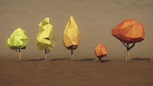 three yellow and black table lamps, low poly, trees, digital art