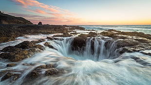 white and black abstract painting, water, Thor's Well, Oregon, waterfall