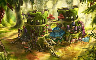 mushroom graphic illustration, fantasy art, digital art, house, mushroom HD wallpaper