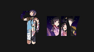 purple hair anime character, Monogatari Series, dark, dark humor, typography