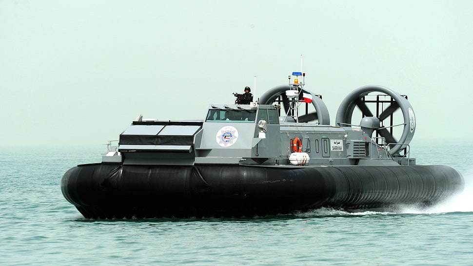 grey and black floating ship, hovercraft HD wallpaper