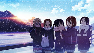 five female character illustration, anime girls, anime, K-ON!, Akiyama Mio HD wallpaper