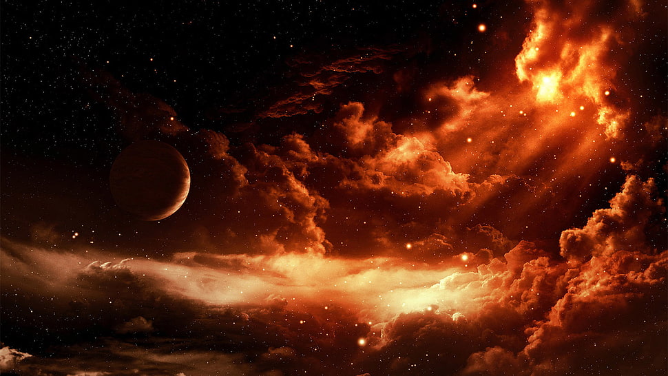 clouds with red light near moon photo HD wallpaper