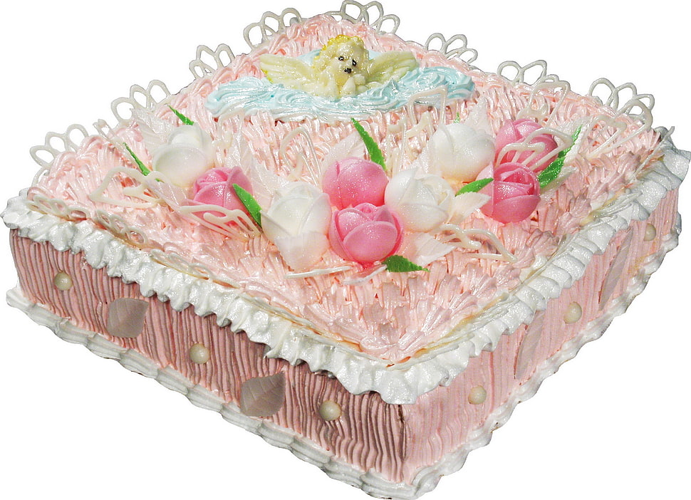 square white and pink floral designed cake HD wallpaper