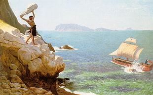 brown galleon ship illustration, Greek mythology, artwork, painting, Jean-Léon Gérôme
