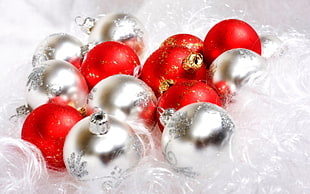 red and gray baubles, New Year, Christmas ornaments 