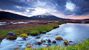 body of water and green grasss, nature, mountains, river, clouds