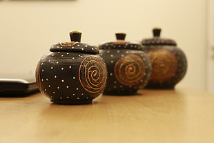 3-set of brown and gray ceramic vases with lid
