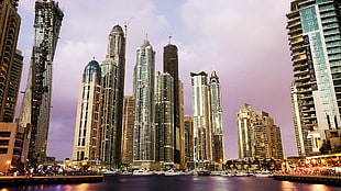 high-rise buildings, cityscape, building, lights, boat