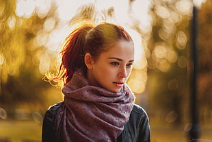 woman wearing purple scarf