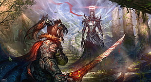 illustration of female knight with red sword, fantasy art, warrior, sword, armor