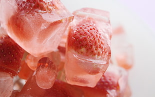 strawberry cubes, ice cubes, strawberries, fruit