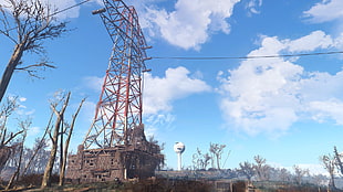 gray and red transmission tower, Fallout 4, video games, Fallout, apocalyptic HD wallpaper