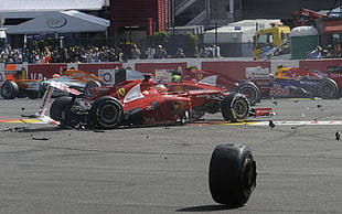 red Ferrari formula 1 vehicle, Ferrari, Fernando Alonso, crash, Formula 1 HD wallpaper