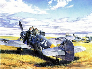 blue plane painting, Messerschmitt, Messerschmitt Bf-109, Luftwaffe, artwork