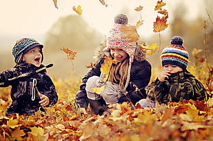 three children's wearing a jacket under brown dried leaf during autumn HD wallpaper