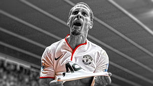 men's white and orange Nike soccer jersey shirt, Manchester United , Rio Ferdinand