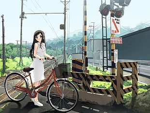 girl holding red dutch bike anime illustration HD wallpaper