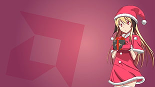 female with blonde hair wearing Santa Claus anime character digital wallpaper