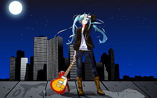 Hatsune Miku holding red and yellow electric guitar overlooking cityscape during nighttime