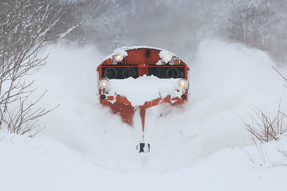 orange metal trailer, train, winter, snow, ice HD wallpaper