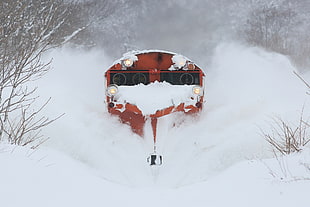 orange metal trailer, train, winter, snow, ice