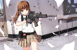 female anime character in white shirt and brown mini skirt holding assault rifle illustration