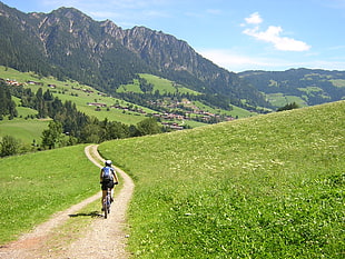 man in grey shirt riding bicycle near mountain during daytime, tyrol, austria HD wallpaper